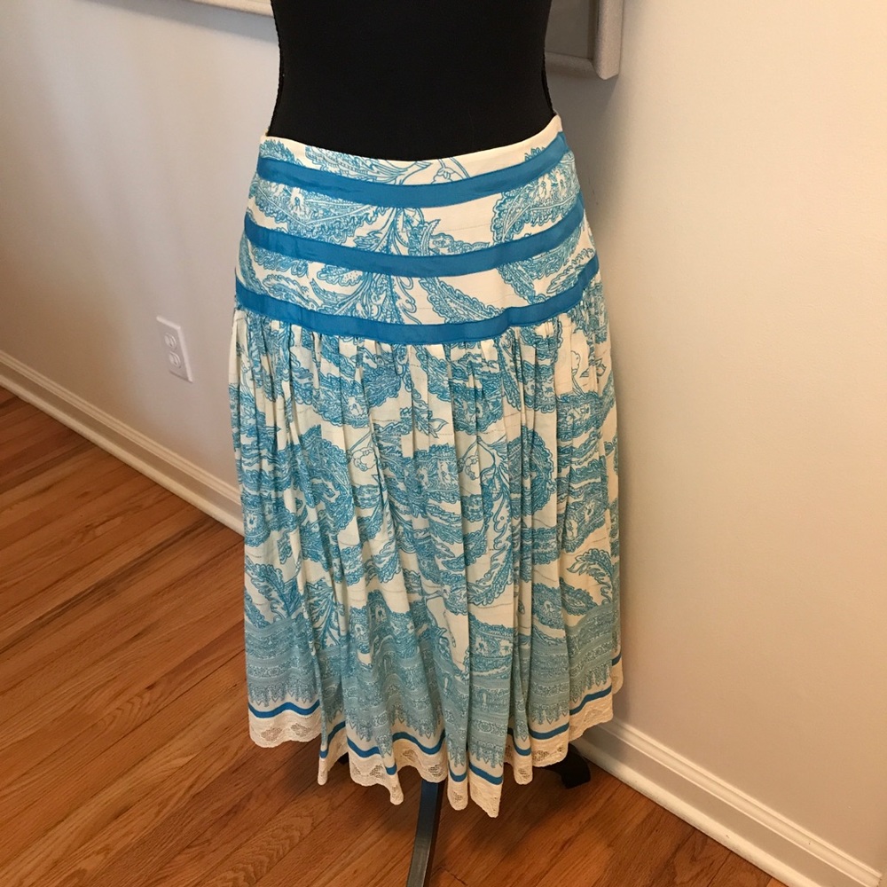 Tracy Reese Silk Blend Light Blue & Cream Floral, Paisley Print, Crochet Lace